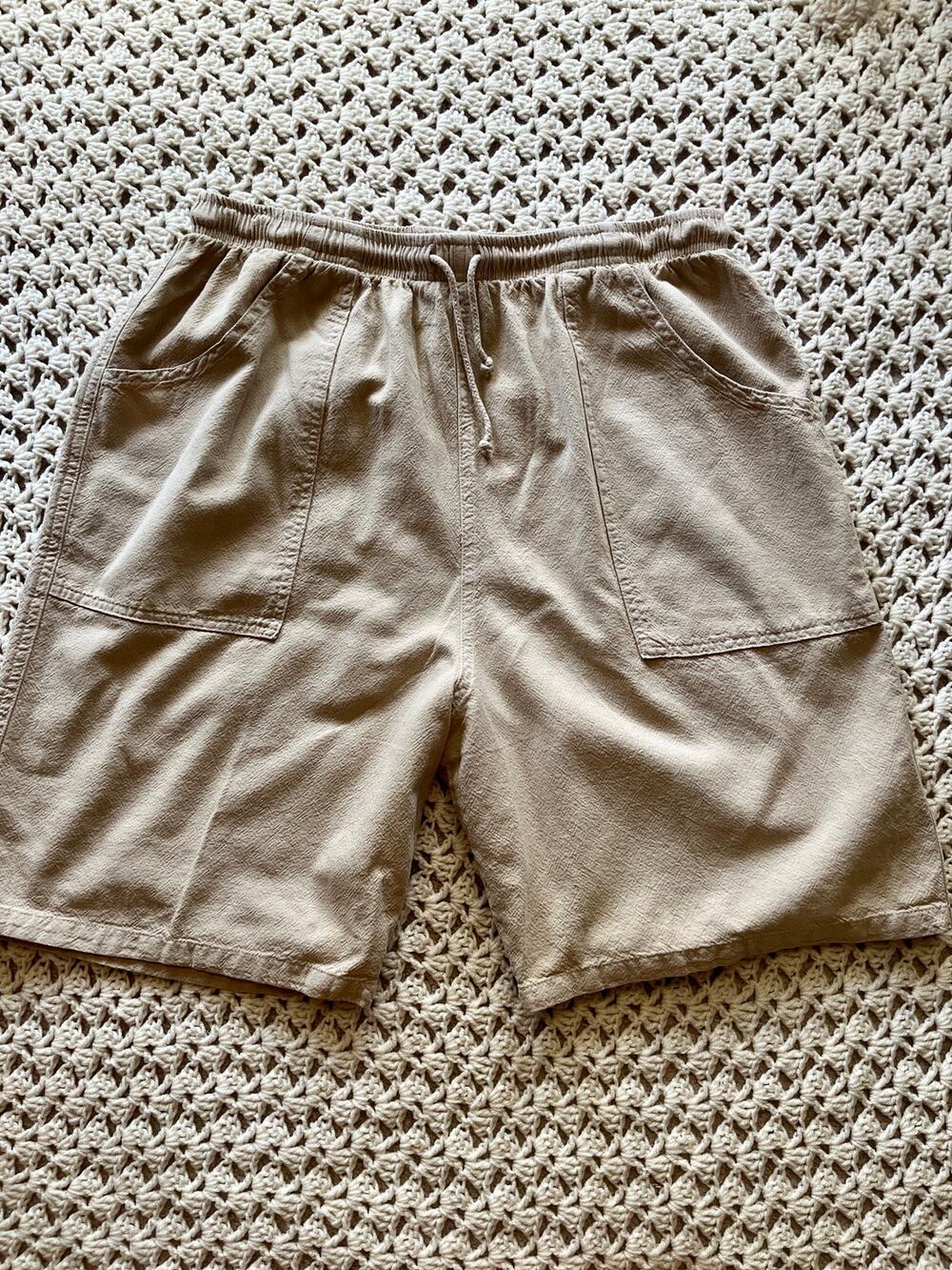 Vintage 90s Tan Cotton Shorts Elastic Waist Casual Size Large